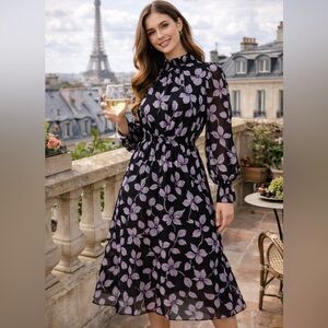 O.P.T for Anthropologie Black Purple Floral Smocked Midi Dress Size M